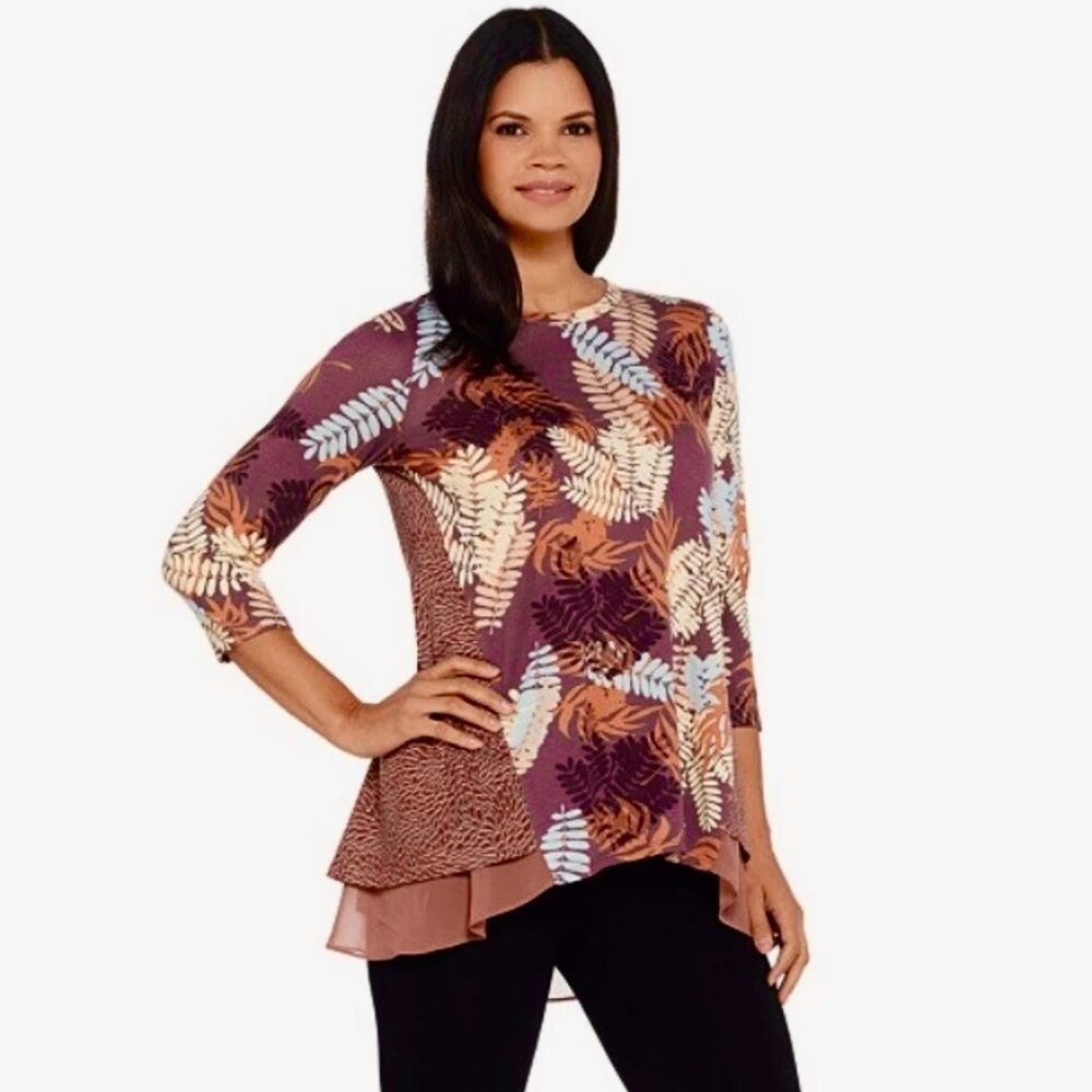 LOGO by Lori Goldstein Leaf Tunic Top Womens Large Fall Brown Mixed Print